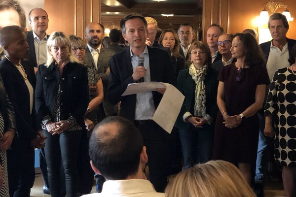 Pierre-Yves Bournazel, lors de son annonce de candidature à la mairie de Paris, le 9 septembre 2019, dans le XVIIIe arrondissement.