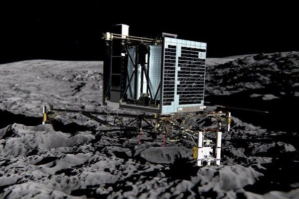 Représentation du robot Philae se posant sur la comète 67P/Tchourioumov-Guérassimenko