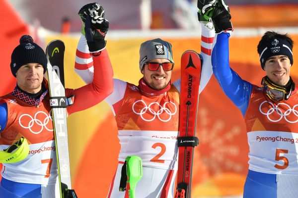 De gauche à droite : Alexis Pinturaul, Marcel Hirscher et Victor Muffat-Jeandet