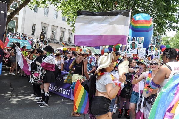 Deux drapeaux géants de la fierté asexuelle (aux bandes noires, grises, blanches, et violettes) soulevés lors de la Marche des fiertés de Londres en 2018.