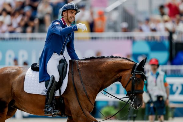 Alexandre Ayache et son cheval,Jolene, lors des épreuves de dressage durant les Jeux olympiques Paris 2024 au Château de Versailles, Paris, le 31 Juillet 2024.