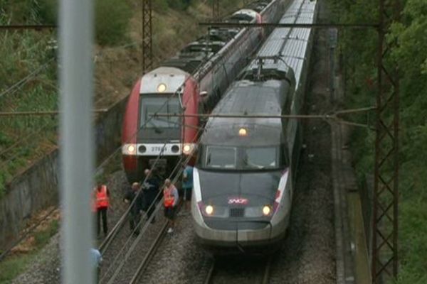 Deux trains bloqués au niveau de Castelnau-le-Lez, dans l'Hérault, à cause d'une coulée de boue - 23 août 2015