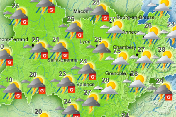 Prévisions de Météo-France pour la région AuRA, le dimanche 9 juillet entre 14 à 17h