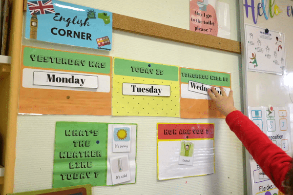 Tous les matins, un élève gère "The English corner", le coin de l'anglais, pour apprendre à connaître les jours, la date et la météo.