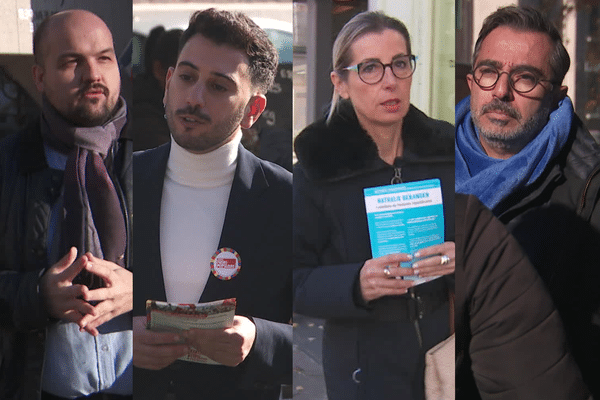 Alexandre Lacroix (RN), Lyes Louffok (LFI), Nathalie Béranger (LR), Hervé Gerbi (sans étiquette), de gauche à droite, sont candidats pour l'élection législative partielle dans la 1ère circonscription de l'Isère.