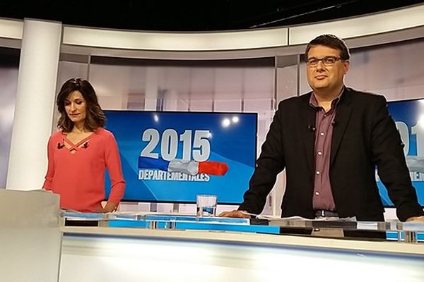 Anne-Sophie Mandrou et Stéphane Ratinaud sur le plateau du second tour de la soirée des départementales 2015 