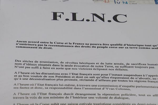 Le FLNC appelle les Corses à la résistance et revendique 16 attentats