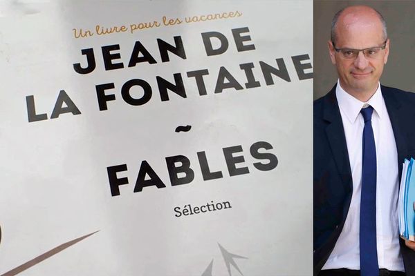 Un exemplaire des Fables de Jean de la Fontaine / Le ministre de l'Education nationale Jean-Michel Blanquer