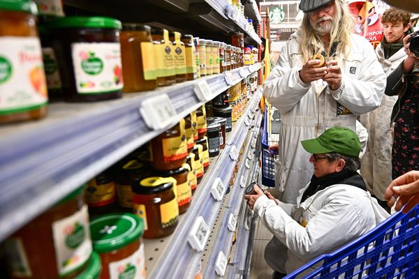 Une cinquantaine d’apiculteurs venus de tout l’Ouest, ont mené une action, ce lundi 5 février, dans le Leclerc Atout sud, à Rezé près de Nantes pour retirer le miel étranger des rayons du supermarché Leclerc