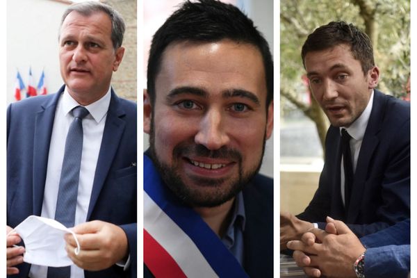 Louis Alliot, maire RN de Perpignan (Pyrénées-Orientales), Romain Lopez, maire Reconquête de Moissac (Tarn-et-Garonne) et Julien Sanchez Maire RN de Beaucaire (Gard).