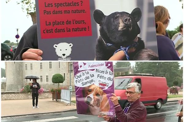 Manifestation des associations animalistes contre la Fête de la Sange de Sully-sur-Loire (Loiret) pour dénoncer "l'exploitation des animaux pour l’amusement".  