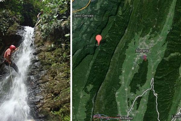 A gauche : photo d'illustration du canyoning. A droite : le canyon des Ecouches, en Isère à l'Ouest d'Autrans.