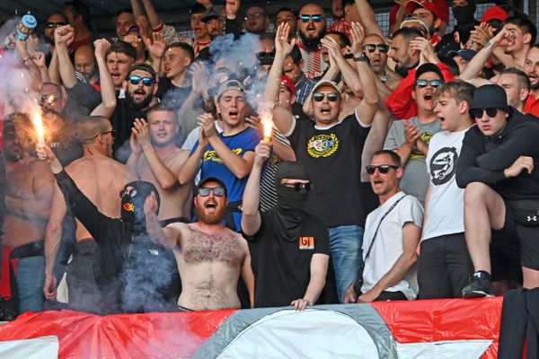 Supporters nancéiens lors du match face à Bourg-en-Bresse, le 26 mai 2023.