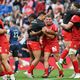 Immense joie pour les joueurs du Stade Toulousain qui remportent la Coupe d'Europe pour la 6e fois à Londres, ce samedi 25 mai 2024 contre le Leinster.