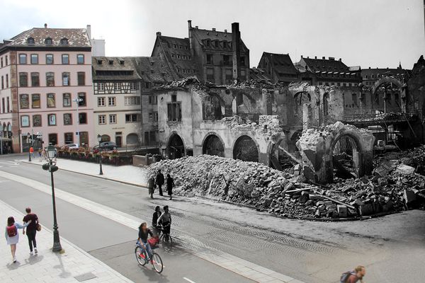 Deux photos superposées, deux époques mais un même lieu. On se situe ici rue du Vieux-Marché-aux-Poissons à Strasbourg. A la place du bâtiment détruit au premier plan se trouve aujourd'hui le marché de la nouvelle douane.