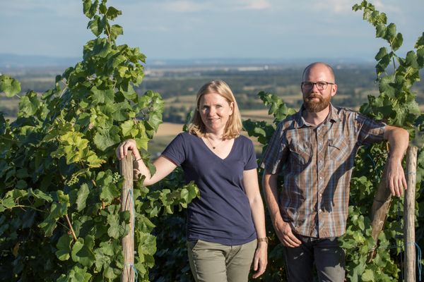 Véronique et Thomas Muré devant leurs vignes, sur le Vorbourg.