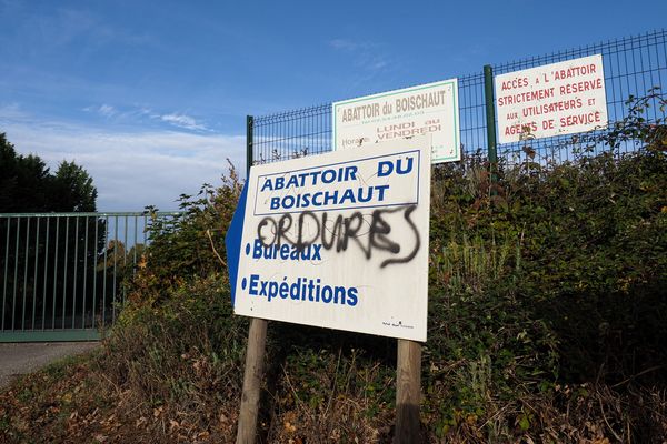 Des insultes sur l'écriteau indiquant l'entrée de l'abattoir de Boischaut (Indre).