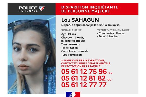 La police nationale lance un appel à témoin pour disparition inquiétante. Lou Sahagun, 21 ans, a disparu de Toulouse depuis le 2 juillet 2021.