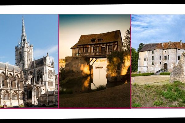 De gauche à droite : la cathédrale d'Evreux, le moulin de Vernon et le domaine d'Harcourt