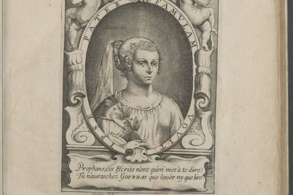 Portrait de Marie de Gournay dans ses œuvres complètes intitulées "Les advis ou Les présens de la demoiselle de Gournay".