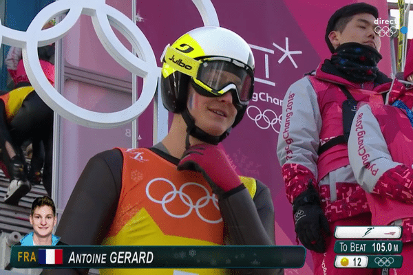 Le départ du vosgien Antoine Gérard au saut à ski du combiné nordique, le 22 février 2018, sur le site d'Alpensia à Pyeongchang (Corée du Sud).