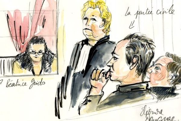 Dessin de presse du procès de Béatrice Guido, devant les assises du Loiret, le 15 avril 2015.