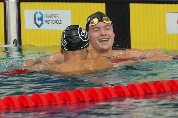 Le nageur breton Yann Le Goff lors des derniers championnats de France en juin 2024. Il s'alignera dans le relais français du 4x200 m nage libre aux JO de Paris 2024.