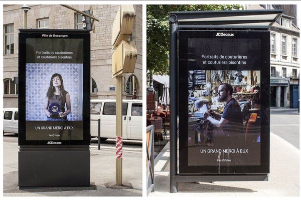 Les portraits des couturiers et couturières solidaires s'affichent dans la ville de Besançon, les photos sont signées JC Polien.