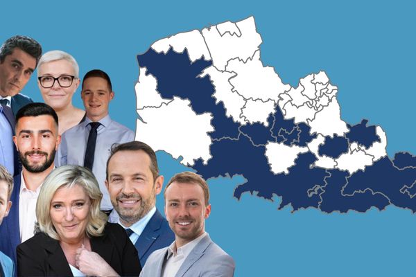 12 circonscriptions (en bleu sur la certe) ont été remportées par un candidat RN dans le Nord et le Pas-de-Calais au soir du 1er tour des élections législatives partielles.