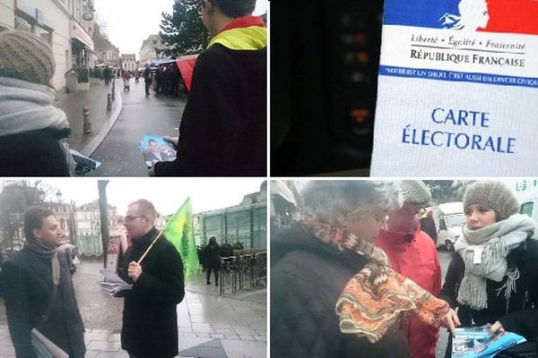 Des militants LR et EELV en opération tractage à Saint-Quentin pour la législative partielle.