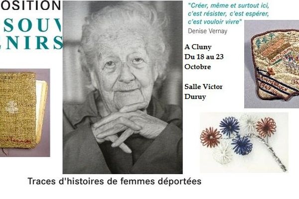 Du 18 au 23 octobre, les Archives départementales de Saône-et-Loire et le Centre de Résistance et Déportation de Saône-et-Loire proposent au public l'exposition " Souvenirs - Traces d’histoire de femmes déportées" par Marie Rameau - 10h-12h/14h30-18h30 salle Victor Duruy, place du marché à Cluny. Entrée libre.