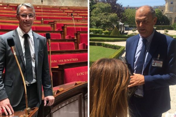 Jean-Michel Jacques (député LREM de la circonscription d'Hennebont) et Jimmy Pahun (député divers de la circonscription d'Auray) à l'Assemblée nationale.