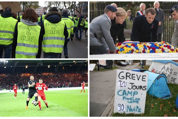 De gauche à droite et de haut en bas : des "gilets jaunes" à Amiens le 22 décembre, la commémoration du centenaire de l'armistice à Rethondes, la demi-finale de la Coupe de France Les Herbiers - Chambly, la grève à l'hôpital Pinel d'Amiens. 