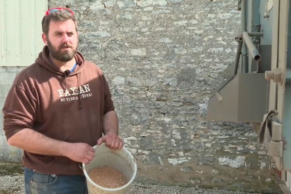 A contre-coeur, Victor Rabier se sépare de son stock de blé récolté l'an dernier.