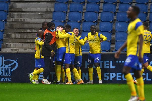 La joie des Sochaliens après leur but face au Havre le 08/01/2022.