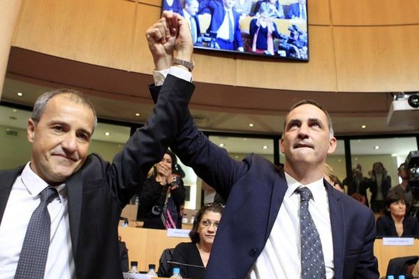 Gilles Simeoni, président du Conseil exécutif de la Collectivité territoriale (CTC) et Jean-Guy Talamoni président de l'Assemblée de Corse.