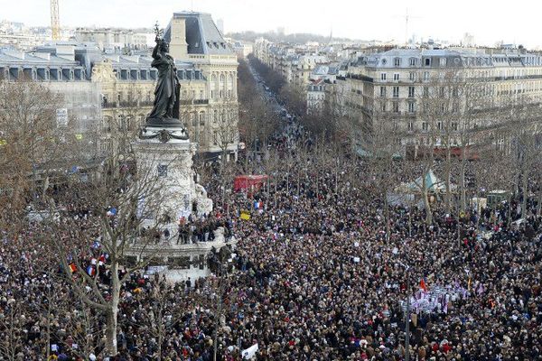 La manifestation place de la République à Paris, le dimanche 11 janvier 2015.