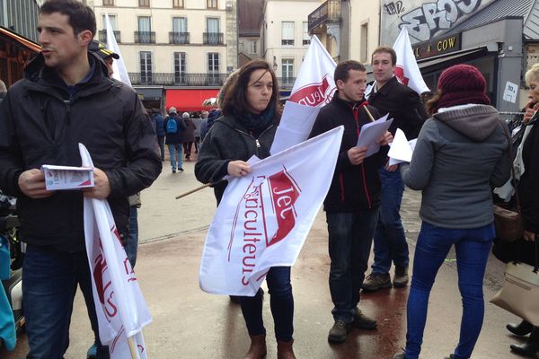 Les Jeunes Agriculteurs sont venus de toute la Région pour distribuer des tracts dans les rues de Dijon, et sensibiliser les consommateurs aux risques des accords de libre échange