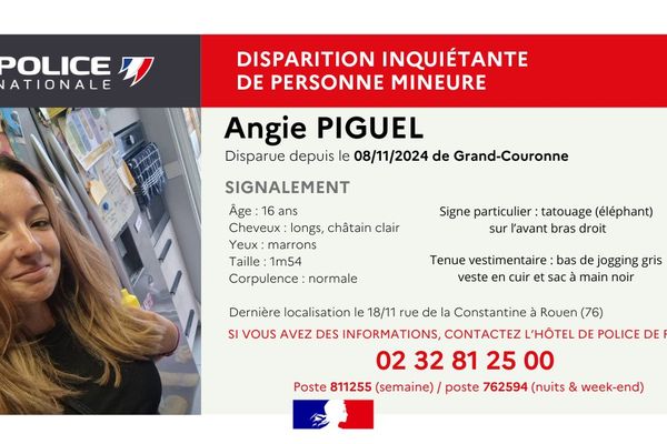 Angie Piguel, 16 ans, a disparu depuis le 8 novembre 2024 dans la région de Rouen.