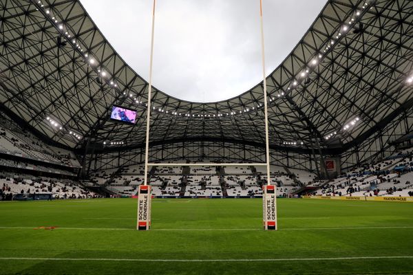 Le stade Vélodrome à Marseille en configuration rugby, le 23 avril 2022. Le 28 juin 2024, le stade accueillera la finale du Top 14 de rugby.