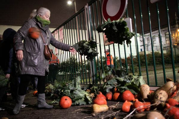 Les manifestants, arrivés aux grilles de l'usine, ont balancé des légumes apportés par un maraîcher pour dénoncer le manque de transparence sur les conséquences de l'incendie de l' usine classée Seveso.