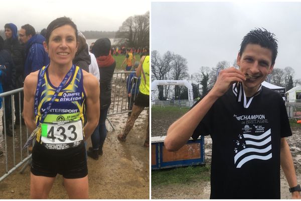 Le sourire et le goût de la médaille pour les deux champions de Bretagne de cross-country : Karine Pasquier et Benoît Fanouillère