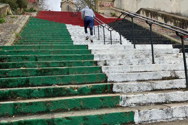 Les contremarches de l'escalier de la butte Saint-Anne, à Nantes ont été repeintes aux couleurs de la Palestine, le 8 mars.