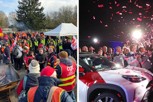 Les salariés d'ArcelorMittal mobilisés à Denain (à gauche) et le ministre de l'Industrie Marc Ferracci en visite à Toyota Onnaing (à droite).