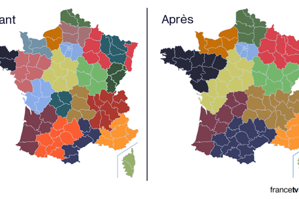 La carte des 22 puis 12 régions françaises.