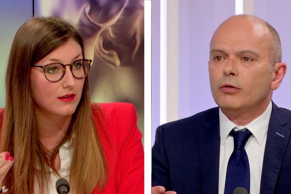 Marine Caron et Jean-François Bures lors du grand débat des municipales de Rouen sur France 3 Normandie le 12 mars 2020