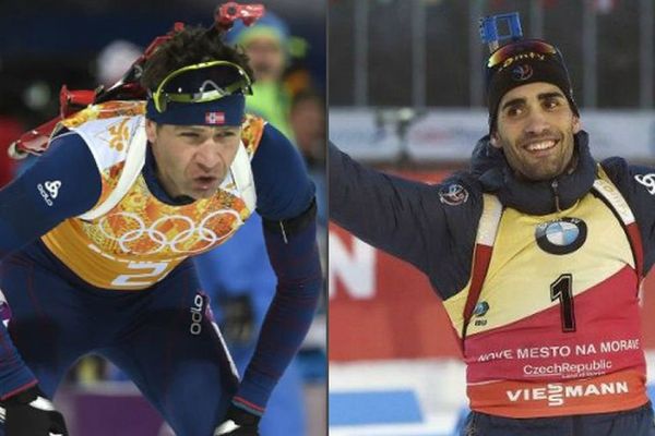 Le Norvégien Ole Einar Bjoerndalen (à gauche) et le Catalan Martin Fourcade