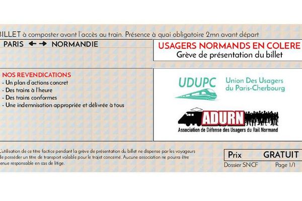 L'UDUPC et l'ANDUR invitent les usagers normands du train à présenter ce billet factice aux contrôleurs en signe de protestation