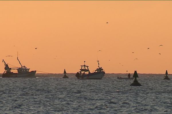 Chalutiers en Baie de Somme au coucher du soleil