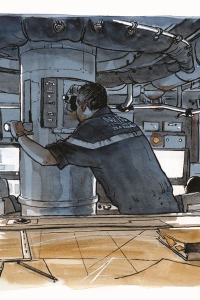 Dessin de Titwane, co-auteur avec Raynal Pellicer du reportage illustré Le Vigilant, immersion à bord du sous-marin nucléaire (editions La Martinière)